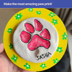 Decorative stone with pink paw print and 'Sasha' name on a yellow border with green flowers. Kitsters DIY Paw Printing Kit at Go Science Product Image 5