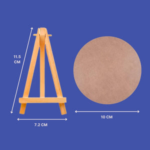 Wooden easel and round brown board with measurements on a blue background. Kitsters DIY Paw Printing Kit at Go Science Product Image 6