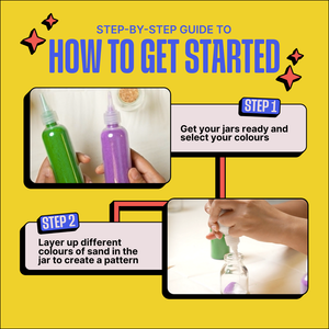 Step-by-step guide to creating a sand art project with colorful bottles on a yellow background. Kitsters DIY Sand Art Kit available at Go Science product image 3