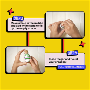 Instructions for filling a jar with white sand on a yellow background. Kitsters DIY Sand Art Kit available at Go Science product image 5
