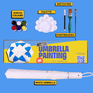 Painting kit with acrylic colors, palette, paintbrushes, and a white umbrella on a blue background. Kitsters DIY Umbrella Painting Kit available at Go Science product image 2