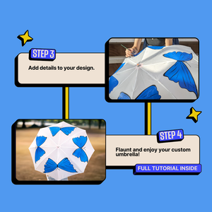 Steps to create a custom umbrella with blue butterfly designs on a blue background. Kitsters DIY Umbrella Painting Kit available at Go Science product image 5