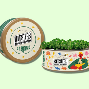 Kitsters oregano plant kit with decorative container on a light green background. Kitsters Grow in a Can - Oregano available at Go Science product image 1