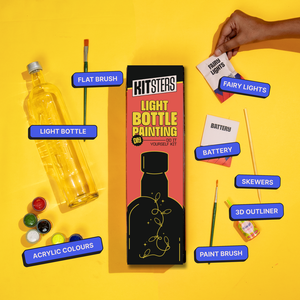KITSTERS Light Bottle Painting kit with bottle, brush, and other materials on a yellow background. Kitsters_Light_Bottle_Painting_Kit_at_go science_image 3
