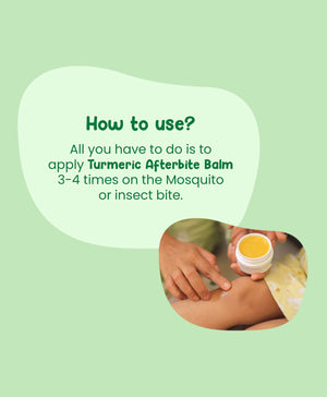 Turmeric afterbite balm application with text on a green background. MotherSparsh After Bite Turmeric Balm 8g go littles product image 4