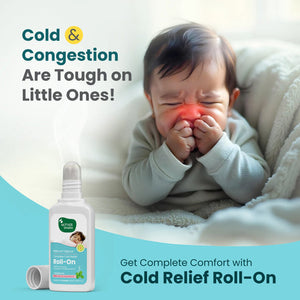 Baby with congestion holding a bottle labeled 'Cold Relief Roll-On'. MotherSparsh Cold Relief Natural Vapour Roll-on 15ml go littles product image 2