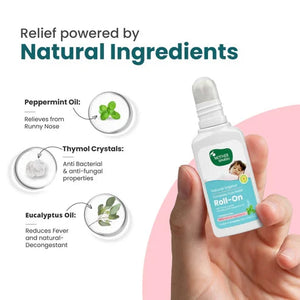 Hand holding a bottle of 'Natures mieux' roll-on with natural ingredients text and icons on a white background. MotherSparsh Cold Relief Natural Vapour Roll-on 15ml go littles product image 4