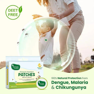 Mother Sparsh mosquito repellent patches packaging with a woman and child outdoors, emphasizing natural protection from diseases. Mothersparsh Repellent Patches (24pcs Pack) go littles product image 2
