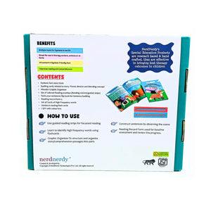 Back cover of a educational product packaging with text and images on a white background. NerdNerdy Dyslexia Kit/ learning disability kit available at Go Science image 5