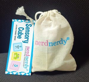 Sensory Cube packaging with drawstring bag on a dark background. NerdNerdy Sensory Cubes available at go science image 1