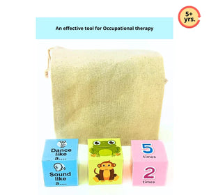 Set of educational tools for children with a yellow pouch, blue card, green frog card, and pink card on a white background. NerdNerdy Sensory Cubes available at go science image 3