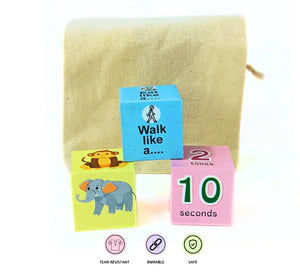 Colorful educational blocks with text and graphics on a beige background. NerdNerdy Sensory Cubes available at go science image 6