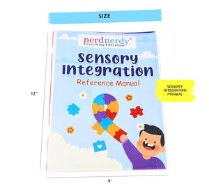 Sensory Integration Reference Manual with colorful cover and measurements on a white background. NerdNerdy Sensory Integration Manual- Techniques & Application available at go science_image 4