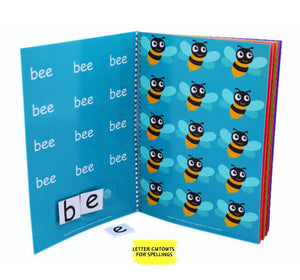 Open book with blue pages featuring bee illustrations and letter cutouts on a white background. NerdNerdy's Speech Booklet Level 1 for Children with Special Needs available at Go Science_image_4