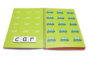 Open book with green pages showing the word 'car' and car illustrations. NerdNerdy's Speech Booklet Level 1 for Children with Special Needs available at Go Science_image_5