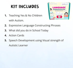 Kit contents list for teaching language development with autism, including a visual of the kit packaging. Nerd Nerdly Language Communication Special Education Needs Kit available at go science_image 3