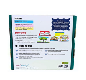 Product packaging with text on benefits, contents, and usage instructions. Nerd Nerdly Language Communication Special Education Needs Kit available at go science_image 4