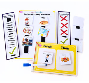 Educational materials including a daily activity planner and communication cards on a white background. Nerd Nerdy Behavior Management Kit for Special Needs available at go science image 1