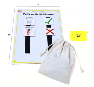 Daily activity planner with illustrations and a fidget bag on a white background. Nerd Nerdy Behavior Management Kit for Special Needs available at go science image 2