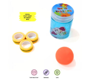 Fidget spinner, stress ball, and container with colorful design on a white background. Nerd Nerdy Behavior Management Kit for Special Needs available at go science image 4