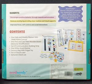 Back cover of a product packaging with text and images of educational materials. Nerd_Nerdy_Behavior_Management_Kit_for_Special_Needs_available_at_go_science_image_8