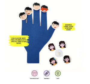 Blue foam hand with cartoon faces on each finger, used for emotional expression teaching. Nerd Nerdy Emotions and Expressions/enhance self awareness and self worth available at Go Science image 7