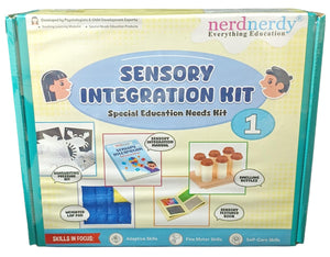 Sensory Integration Kit packaging with images and text on a teal background. Nerd Nerdy Sensory Integration Kit-Special Education Needs Kit Level 1_available at goscience_image
