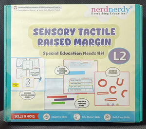 Sensory tactile raised margin educational kit packaging with 'nerdnerdy' branding. Nerd Nerdy Sensory Tactile Raised margins workbook level 2 special education needs kit available at Go Science_image_1