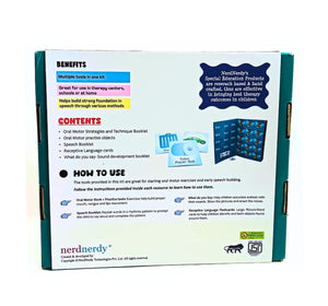 Product packaging with text on benefits, contents, and usage instructions. Nerd Nerdy Speech & Oral Motor Kit for special needs available at Go Science image 2