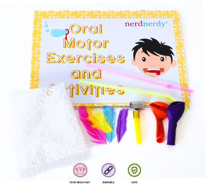 Product packaging for 'Oral Motor Exercises and Activities' with colorful balloons and a cartoon character on a white background. Nerd Nerdy Speech & Oral Motor Kit for special needs available at Go Science image 4