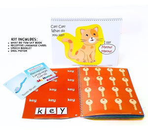 Educational book with cat illustration and vocabulary cards on a white background. Nerd Nerdy Speech & Oral Motor Kit for special needs available at Go Science image 6
