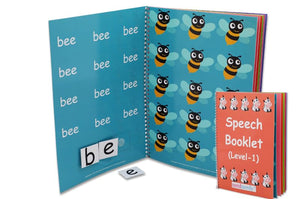 Open educational book with bee patterns and a smaller 'Speech Booklet' on a white background. Nerd Nerdy Speech & Oral Motor Kit for special needs available at Go Science image 7