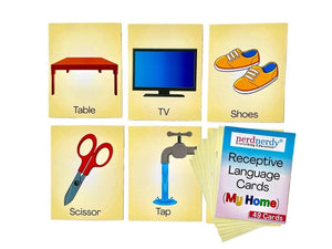 Educational cards with images and labels of a table, TV, shoes, scissors, tap, and a stack of 'My Home' language cards. Nerd Nerdy Speech & Oral Motor Kit for special needs available at Go Science image 9