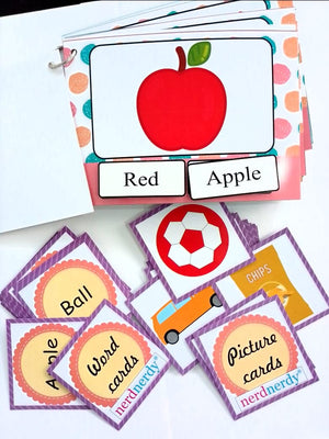 Colorful educational cards with pictures and labels on a white surface. Nerdnerdy Speech Development Using Visual Strength of Autistic Learner_available at Go Science_image 6