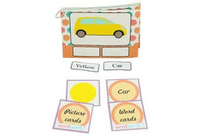 Educational picture cards with a yellow car illustration and text labels on a white background. Nerdnerdy Speech Development Using Visual Strength of Autistic Learner_available at Go Science_image 7