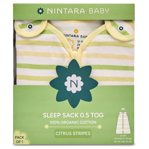 Nintara Baby sleep sack packaging with citrus stripes design. Nintara 0.5 TOG Sleep Sack - Citrus Stripes (M) 9 - 15 Months go littles product image 2