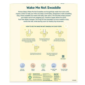 Nintara Baby's Wake Me Not Swaddle packaging with instructions and product details. Nintara Organic Cotton Wake Me Not Swaddle 0-3 Months Butter Blossoms Go Littles product image 10