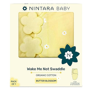 Nintara Baby swaddle blanket packaging with floral design on a white background. Nintara Organic Cotton Wake Me Not Swaddle 0-3 Months Butter Blossoms Go Littles product image 2