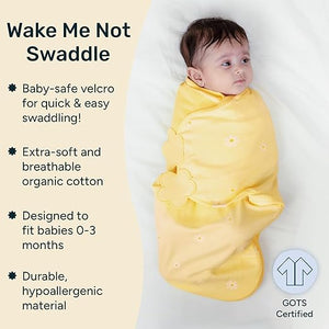 Baby swaddled in a yellow blanket with product features listed on the left. Nintara Organic Cotton Wake Me Not Swaddle 0-3 Months Butter Blossoms Go Littles product image 3