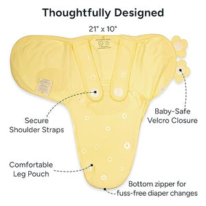 Yellow baby wrap with labeled features on a white background. Nintara Organic Cotton Wake Me Not Swaddle 0-3 Months Butter Blossoms Go Littles product image 4