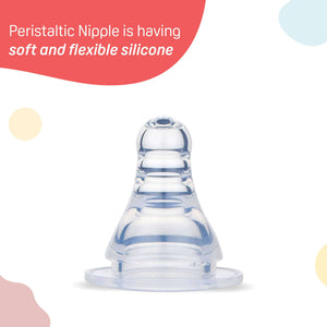 Clear peristaltic nipple with text about soft and flexible silicone on a white background. Peristaltic Nipple LL | Pigeon Bottle Nipple for 12 month+ go littles product image 3