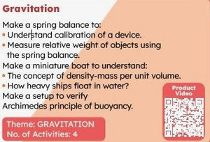 Educational material about gravitation with text and a QR code on a beige background