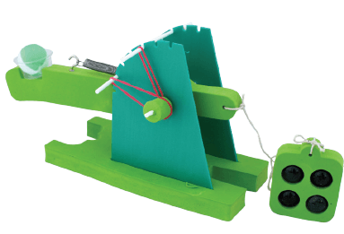 Green and teal mechanical device with buttons on a white background