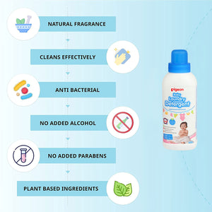 Pigeon laundry detergent bottle with features listed on a blue background. Pigeon Baby Laundry Detergent Liquid 600ml go littles main image 4