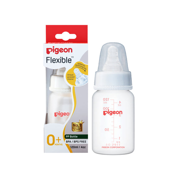 Pigeon baby bottle with packaging on a white background. Pigoen Feeding Bottle 0+ months 120ml White go littles product main image