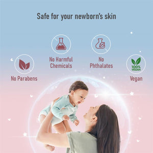 mother holding her baby with product safety features highlighted on a light blue and pink gradient background.