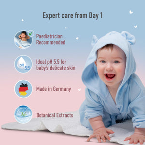 Baby in a blue hooded robe with sedamed body lotion product features listed on a gradient background