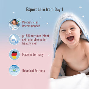 Baby with a towel on, smiling, with product features listed on a gradient background for Sebamed Baby Cleansing Bar
