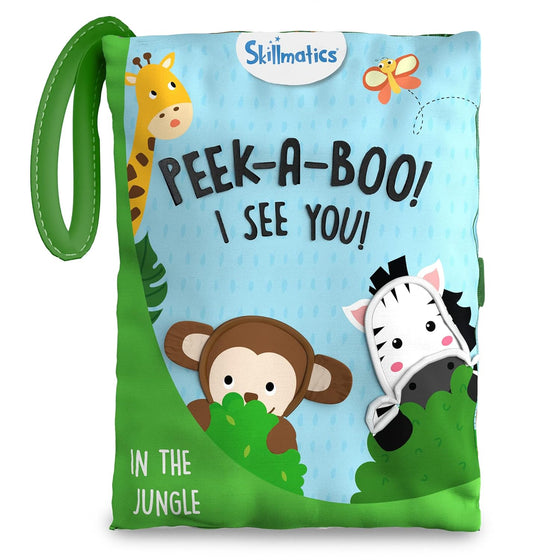 Skillmatics Peek A Boo i see you In the Jungle Soft Cloth Book at Go Littles product image 1. Skillmatics Peek-a-Boo book for children with cartoon animals on a white background