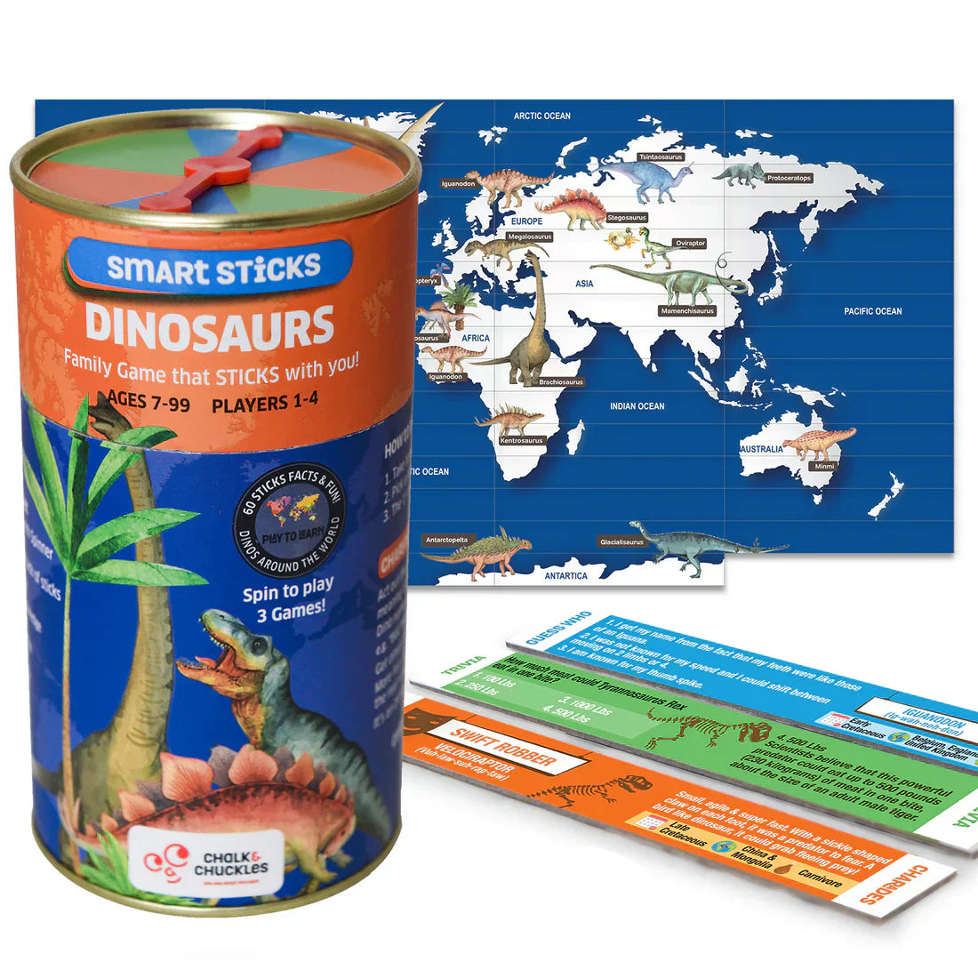 Smart Sticks Dinosaurs game set with canister, map, and game cards on a white background